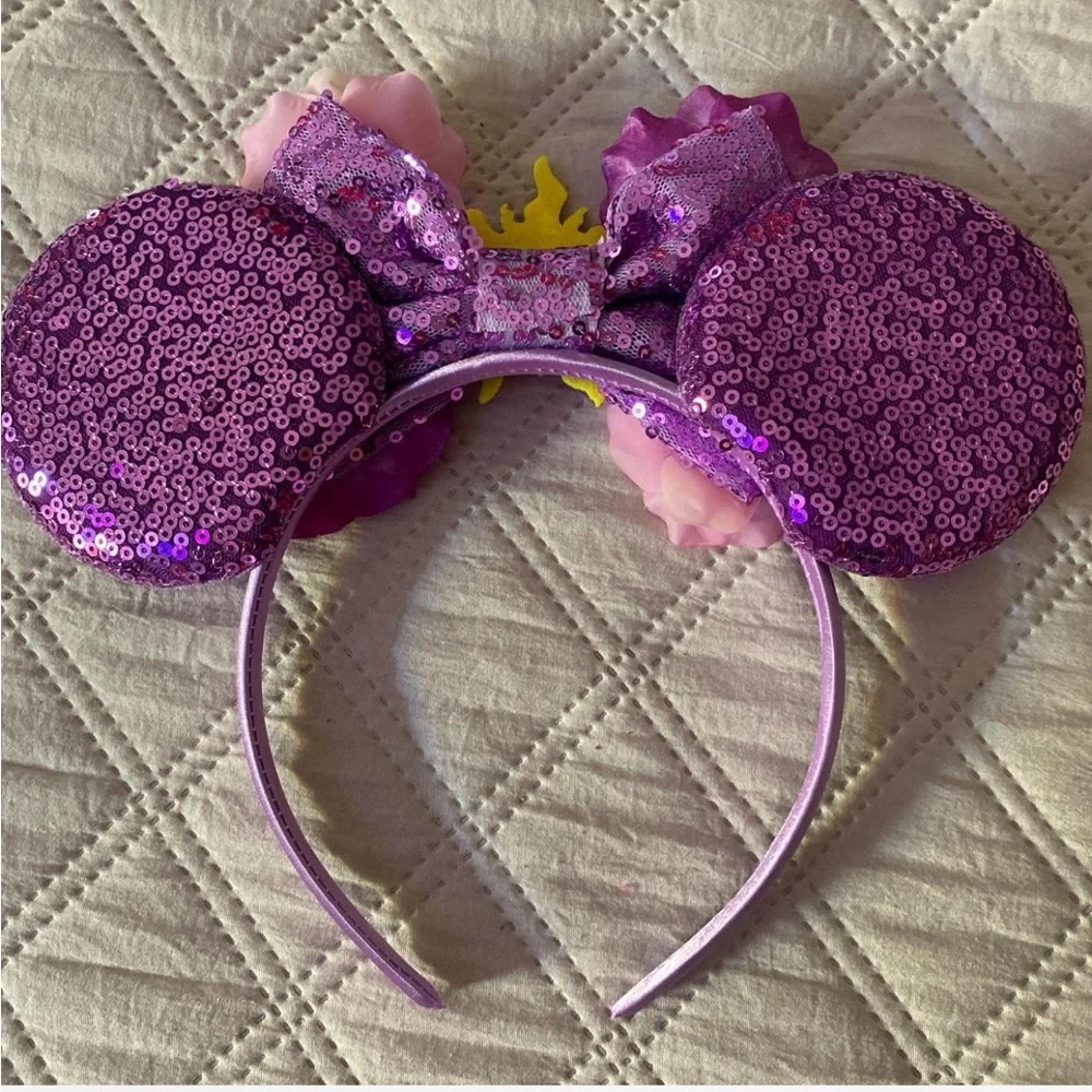 Purple Sequin Mouse Ears with Pink Flowers